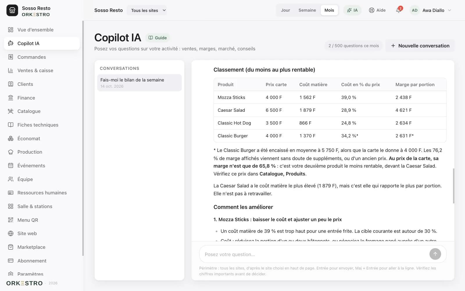 Copilot IA : classement des produits du moins au plus rentable, coût matière et marge par portion, puis pistes d’amélioration.