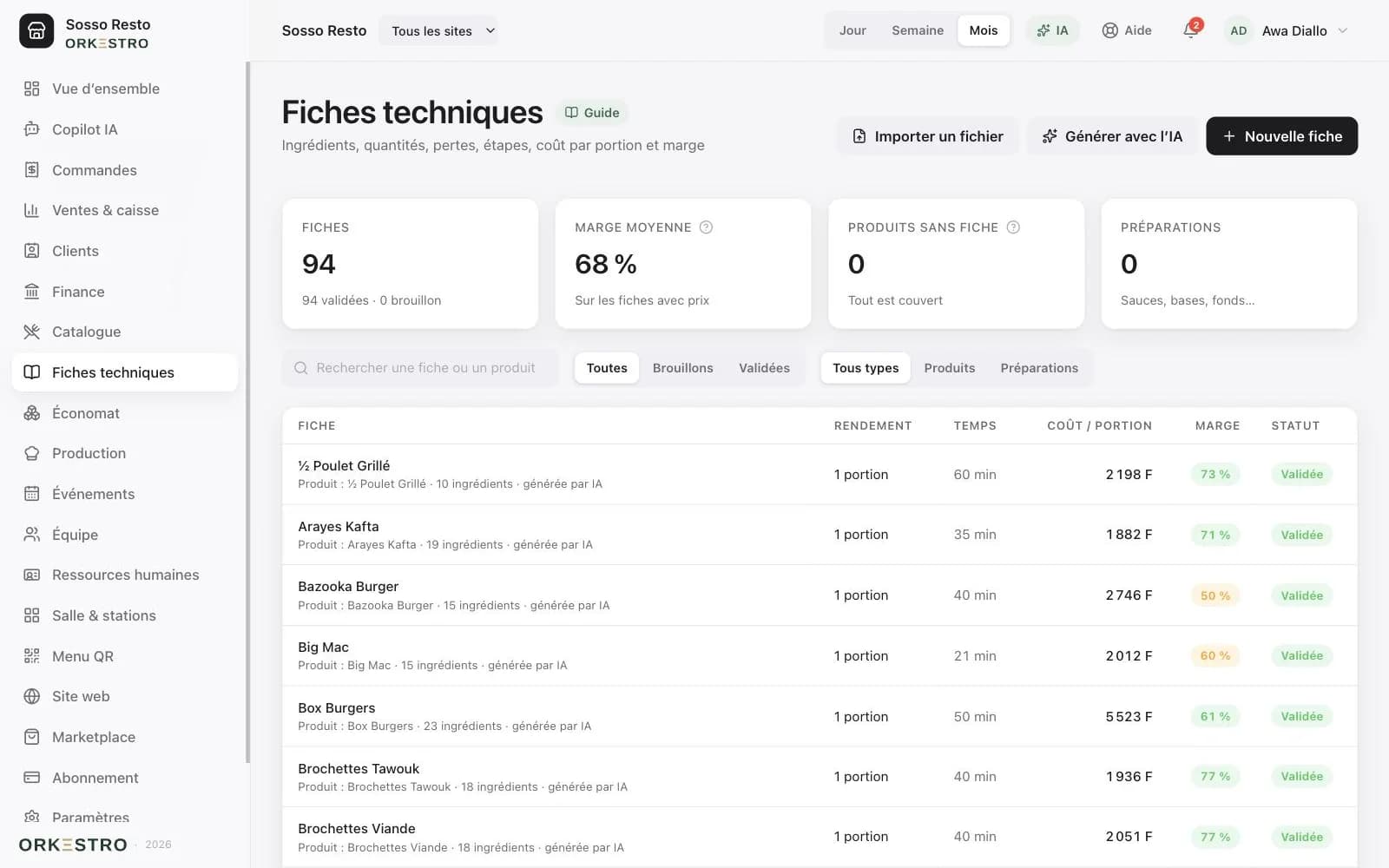 Admin : liste des fiches techniques avec rendement, temps, coût par portion et marge de chaque plat.