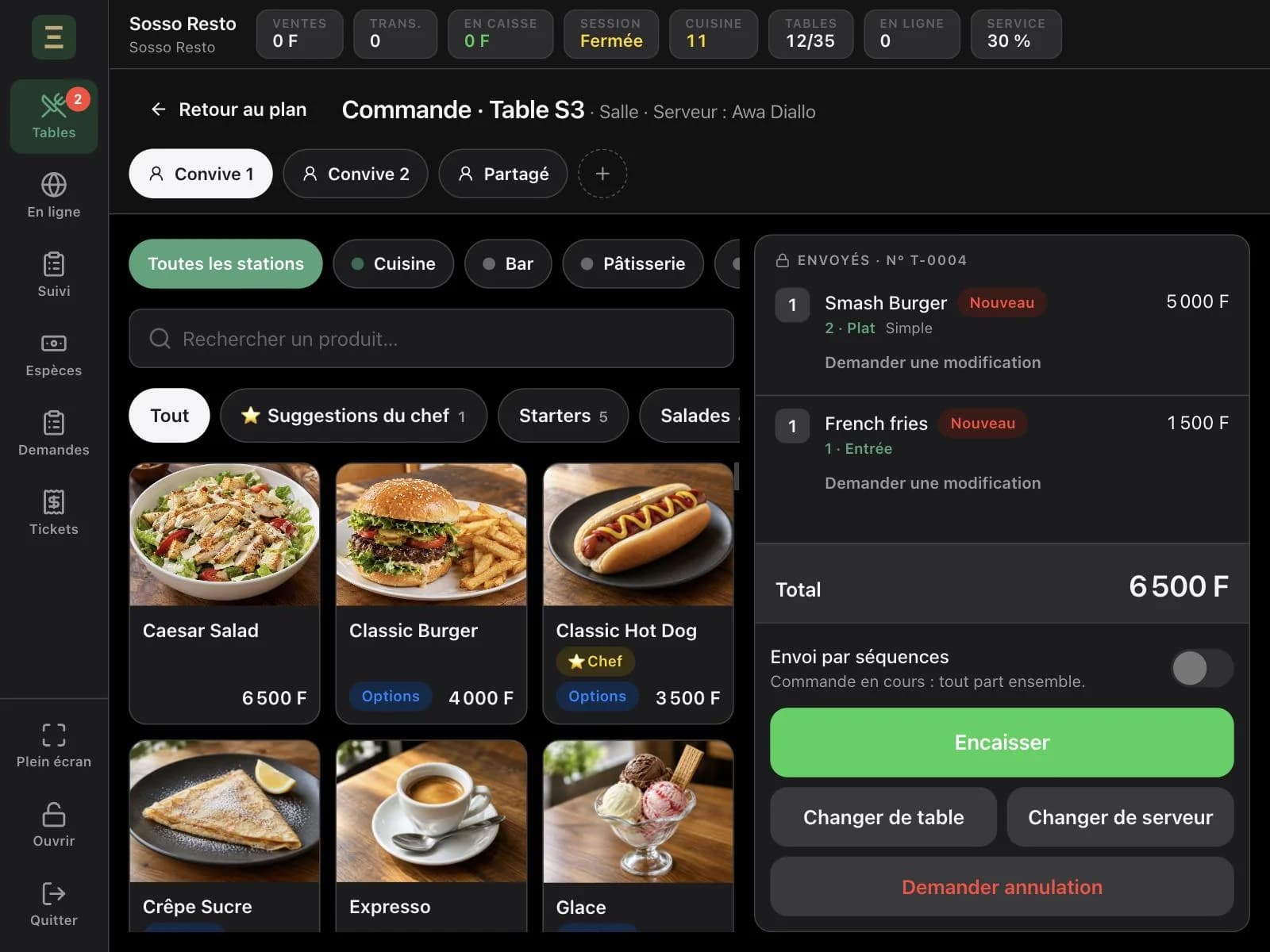 Caisse en mode sombre : commande de la table S3 avec les onglets Convive 1, Convive 2 et Partagé, la carte en photos et le ticket envoyé en cuisine.