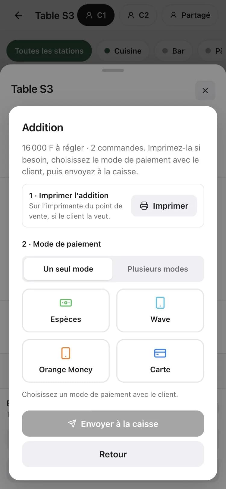 Application serveur : addition à imprimer, mode de paiement choisi avec le client (espèces, Wave, Orange Money, carte) et envoi à la caisse.
