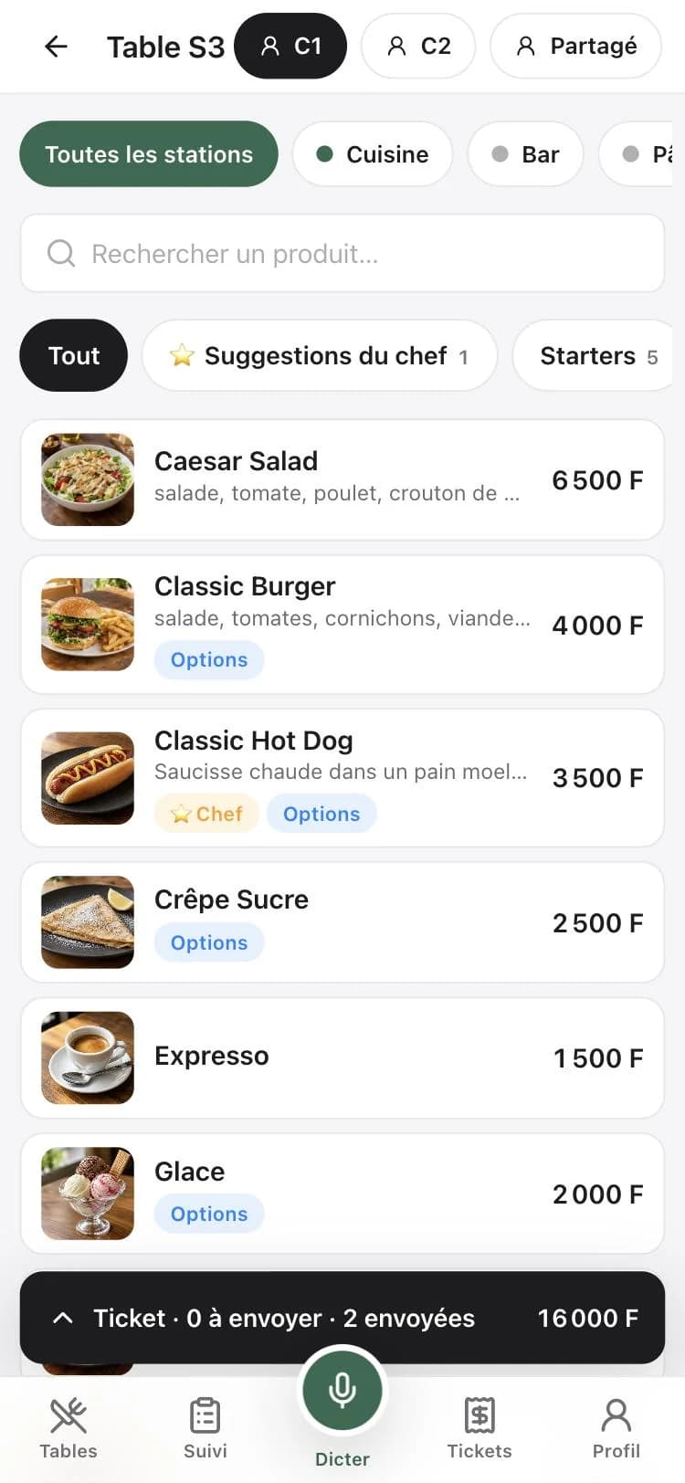 Application serveur : prise de commande de la table S3 par convive, carte en photos filtrée par station.