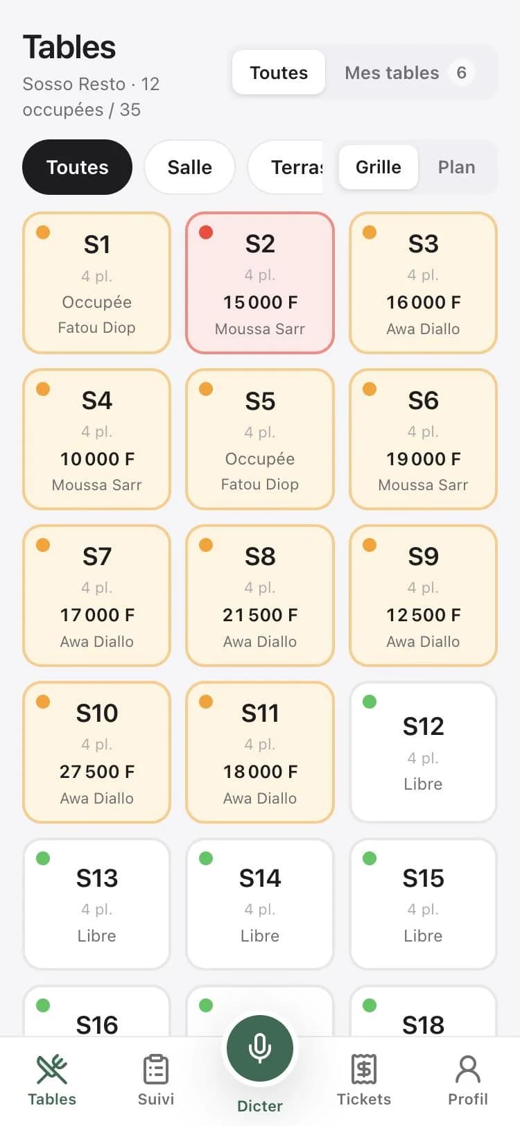 Application serveur : tables du restaurant, occupées avec le montant et le serveur, libres en blanc, bouton Dicter.