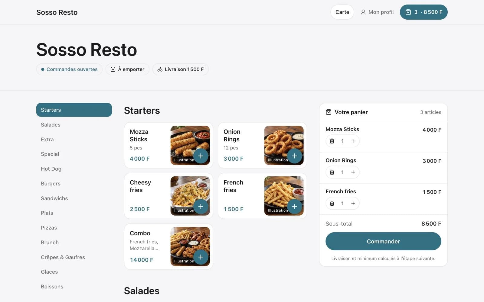Site de commande du restaurant sur ordinateur : catégories à gauche, plats en photos, panier toujours visible à droite.
