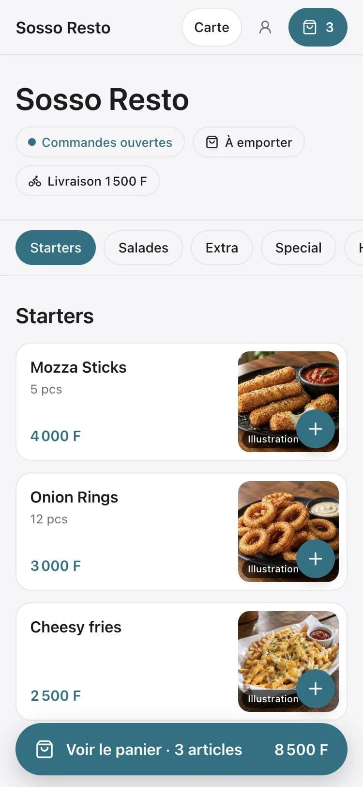 Site de commande du restaurant sur téléphone : retrait, livraison, plats en photos et bouton Voir le panier.
